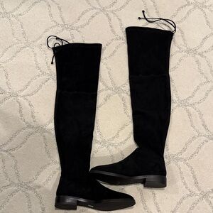 Stuart Weitzman Black Over-the-Knee Suede Boots with Top Tie